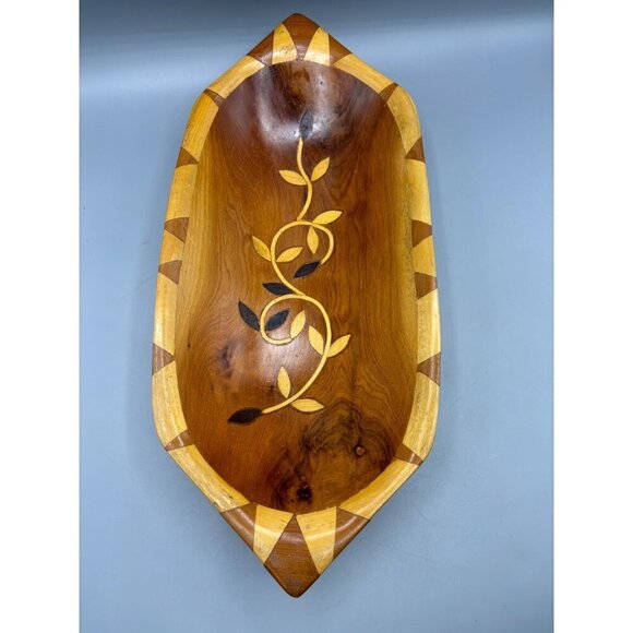 Handmade Wooden‎ Decorative Bowl With Leaf Inlay Design Oval - Picture 1 of 8